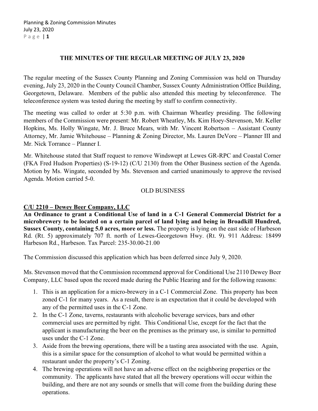 The Minutes of the Regular Meeting of July 23, 2020
