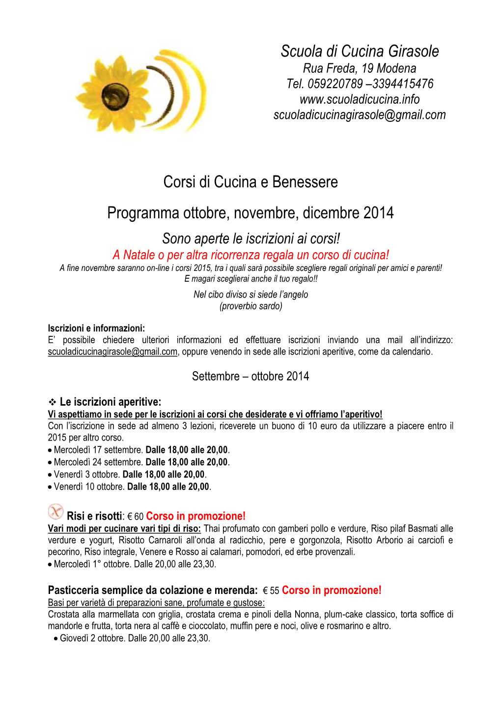 Scuola Di Cucina Girasole Corsi Di Cucina E Benessere Programma