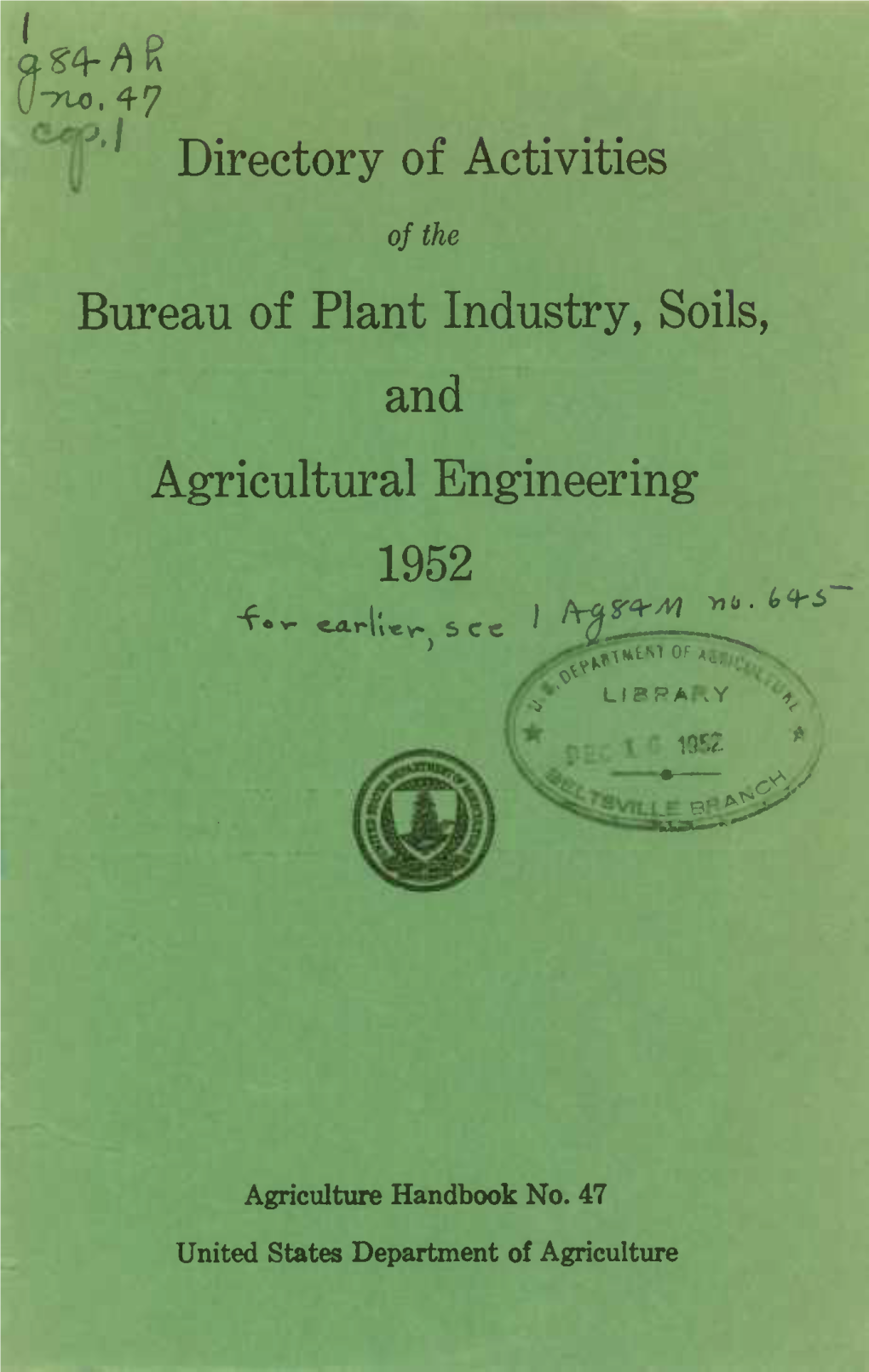 Directory of Activities Bureau of Plant Industry, Soils, and Agricultural