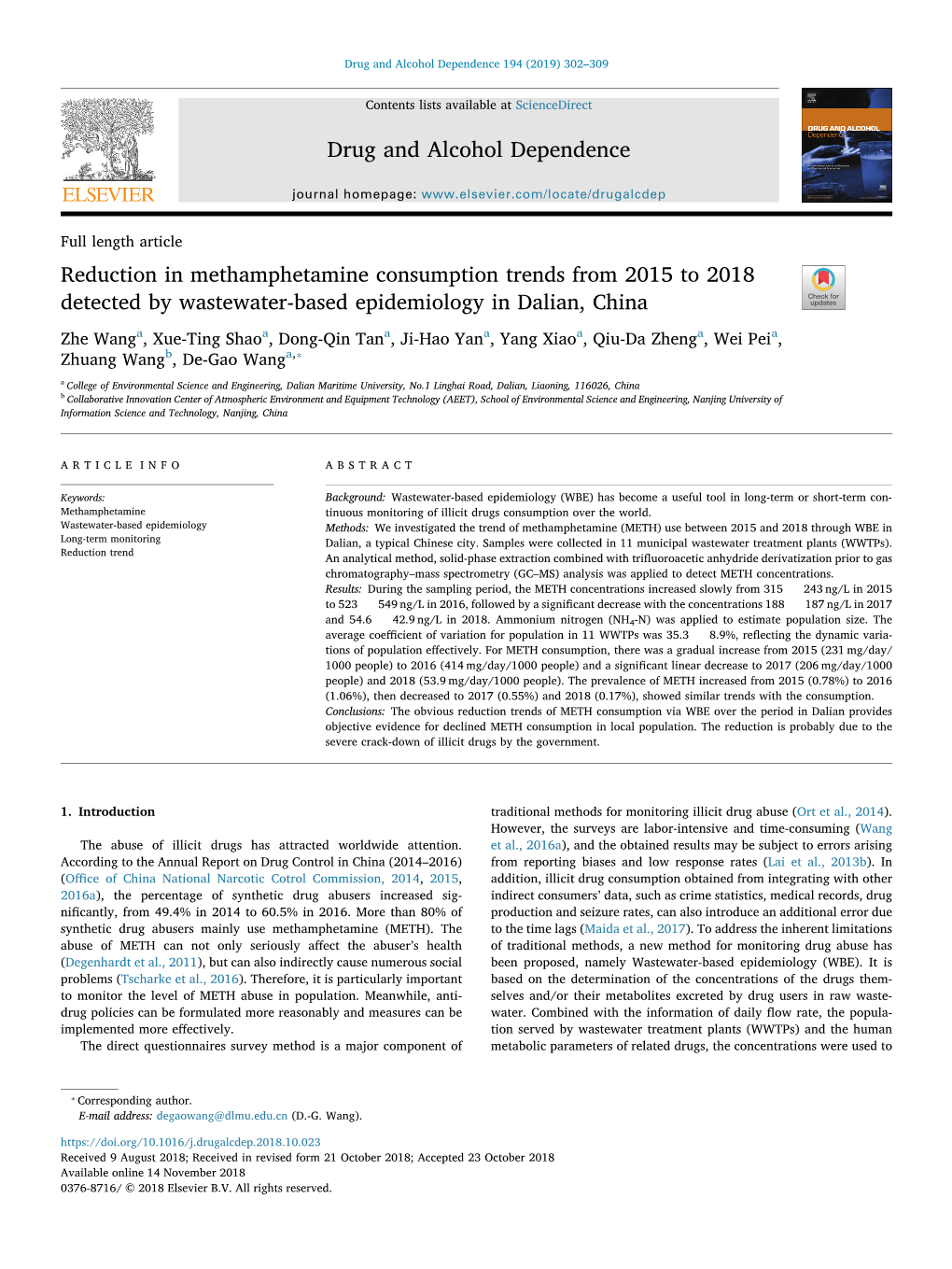 Reduction in Methamphetamine Consumption Trends from 2015 to 2018 Detected by Wastewater-Based Epidemiology in Dalian, China T