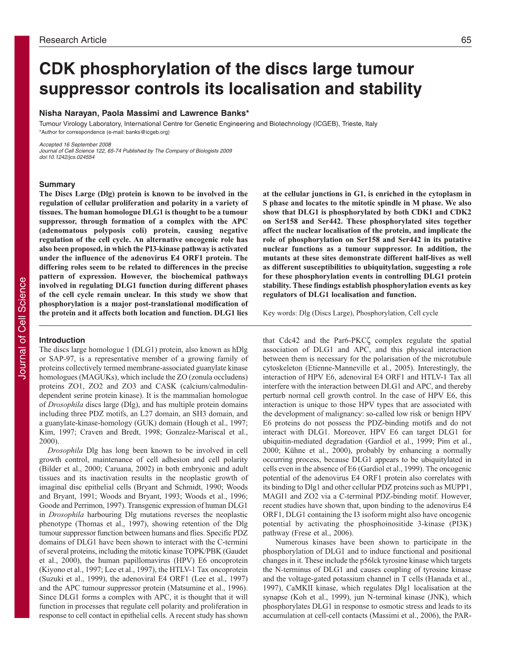 CDK Phosphorylation of the Discs Large Tumour Suppressor Controls Its Localisation and Stability