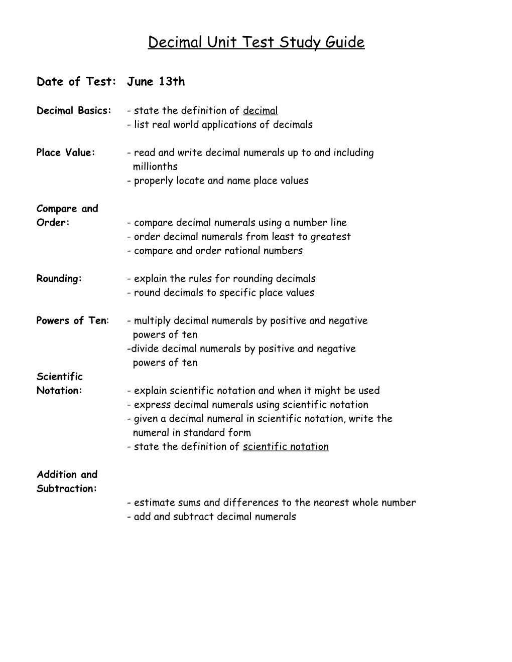 Decimal Test Study Guide