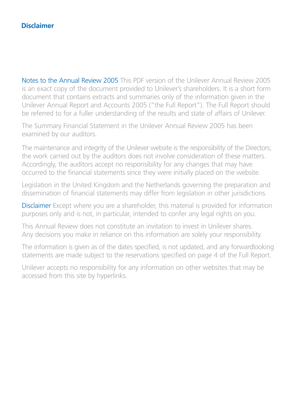 Disclaimer Notes to the Annual Review 2005 This PDF Version Of
