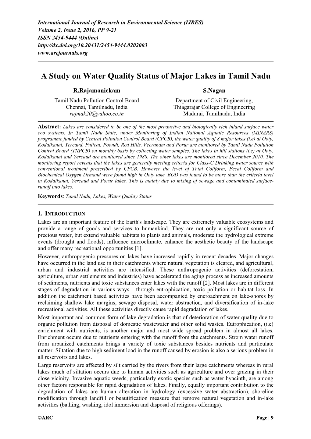 A Study on Water Quality Status of Major Lakes in Tamil Nadu