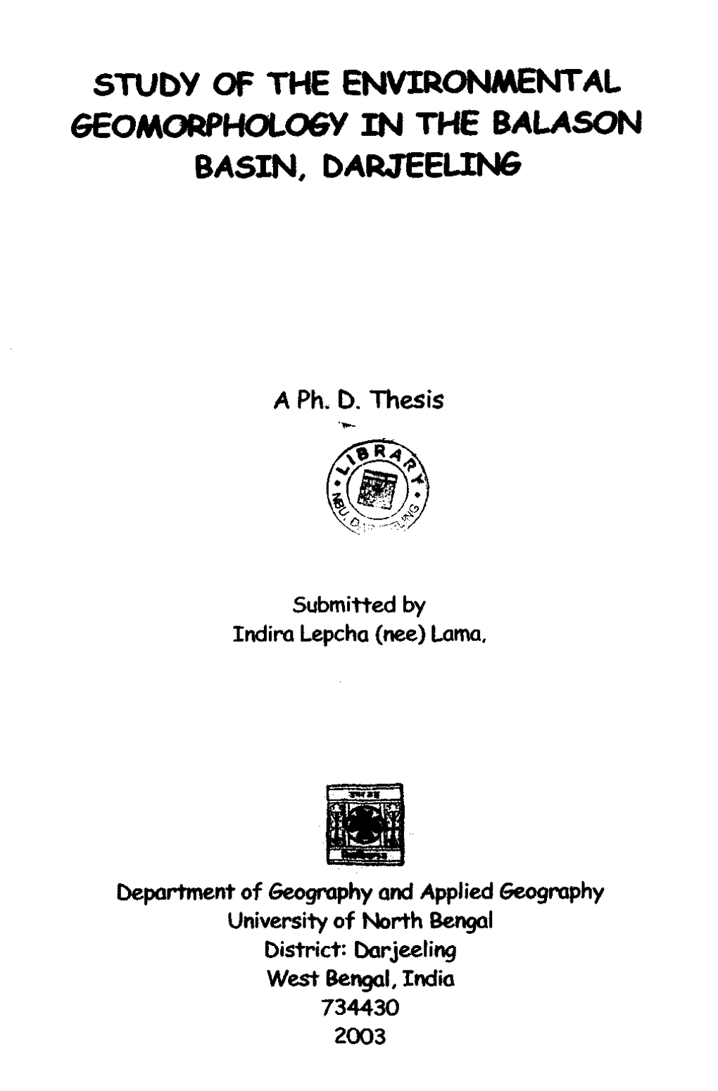 Study of the Environmental Seomorpholosy in the Balason Basin, Darjeelin6