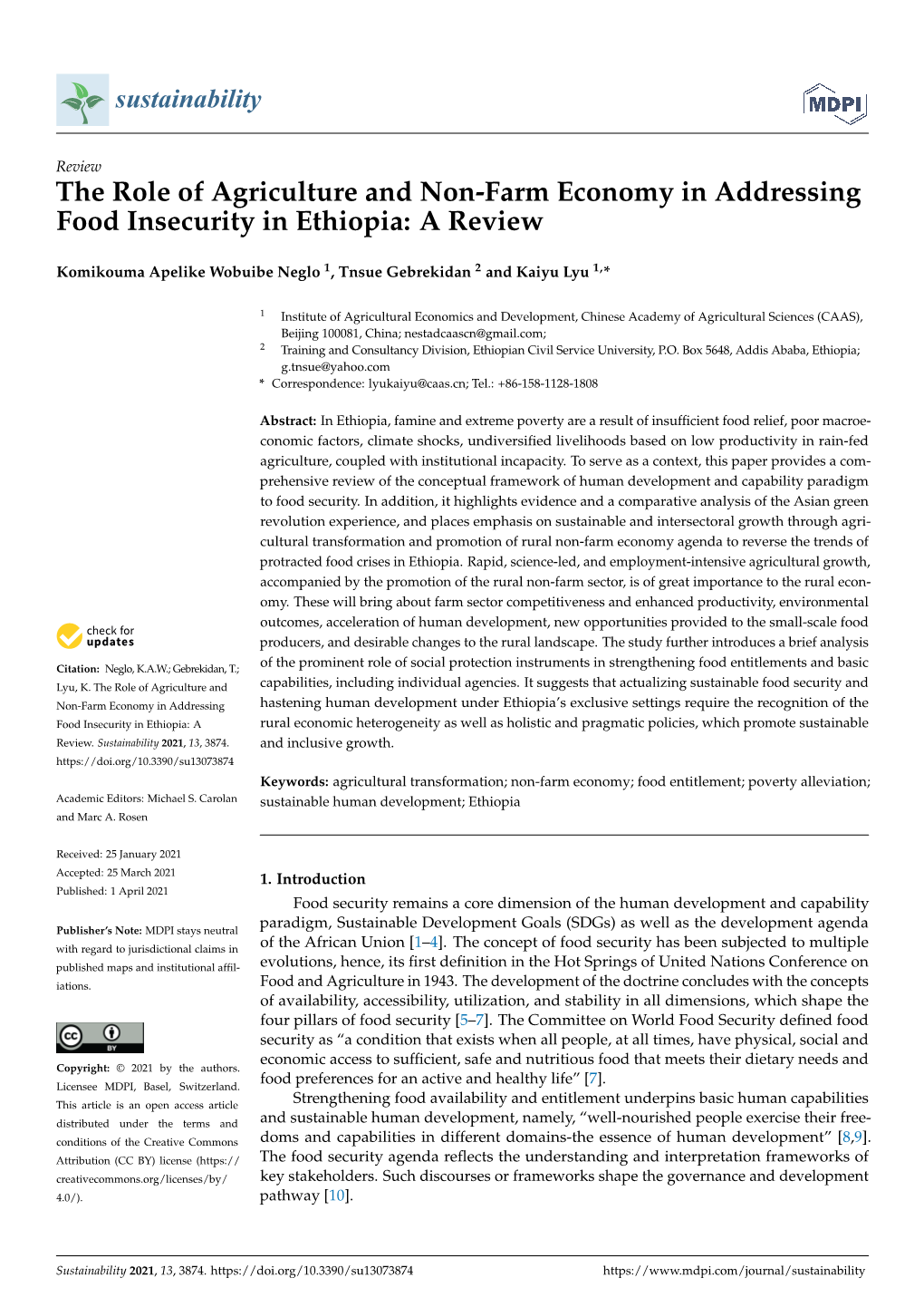 The Role of Agriculture and Non-Farm Economy in Addressing Food Insecurity in Ethiopia: a Review