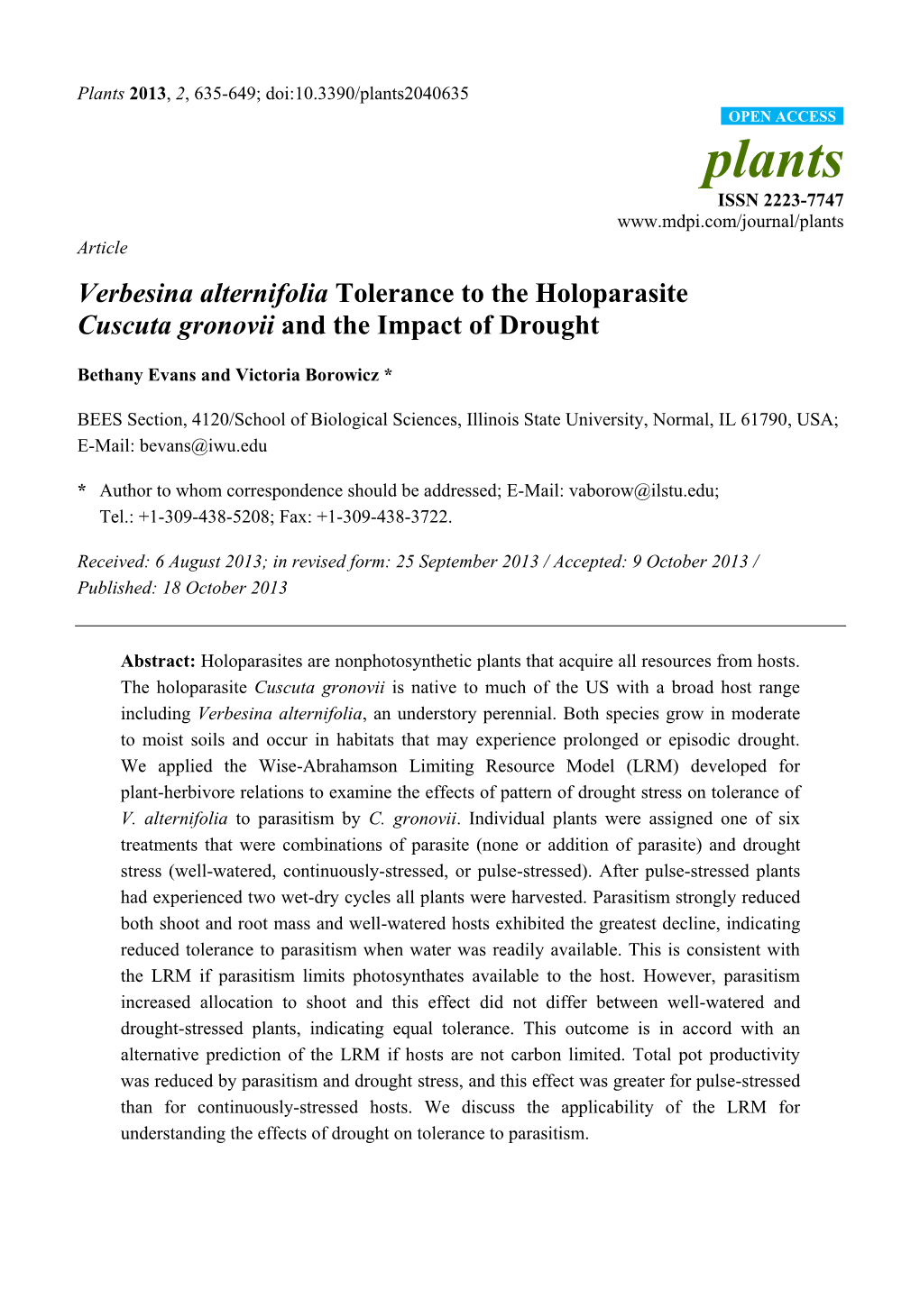 Verbesina Alternifolia Tolerance to the Holoparasite Cuscuta Gronovii and the Impact of Drought