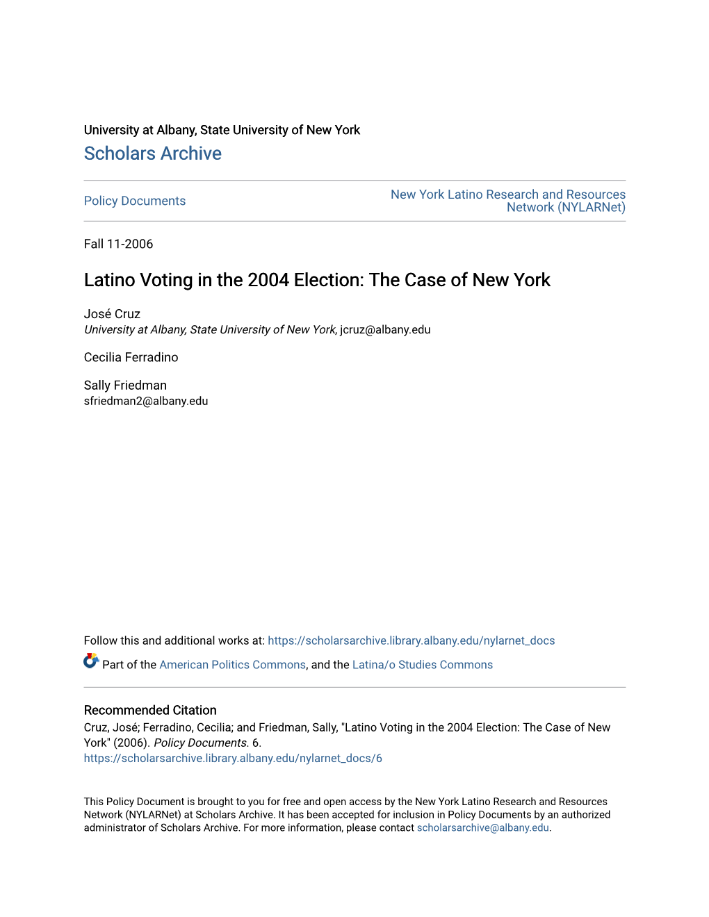 Latino Voting in the 2004 Election: the Case of New York