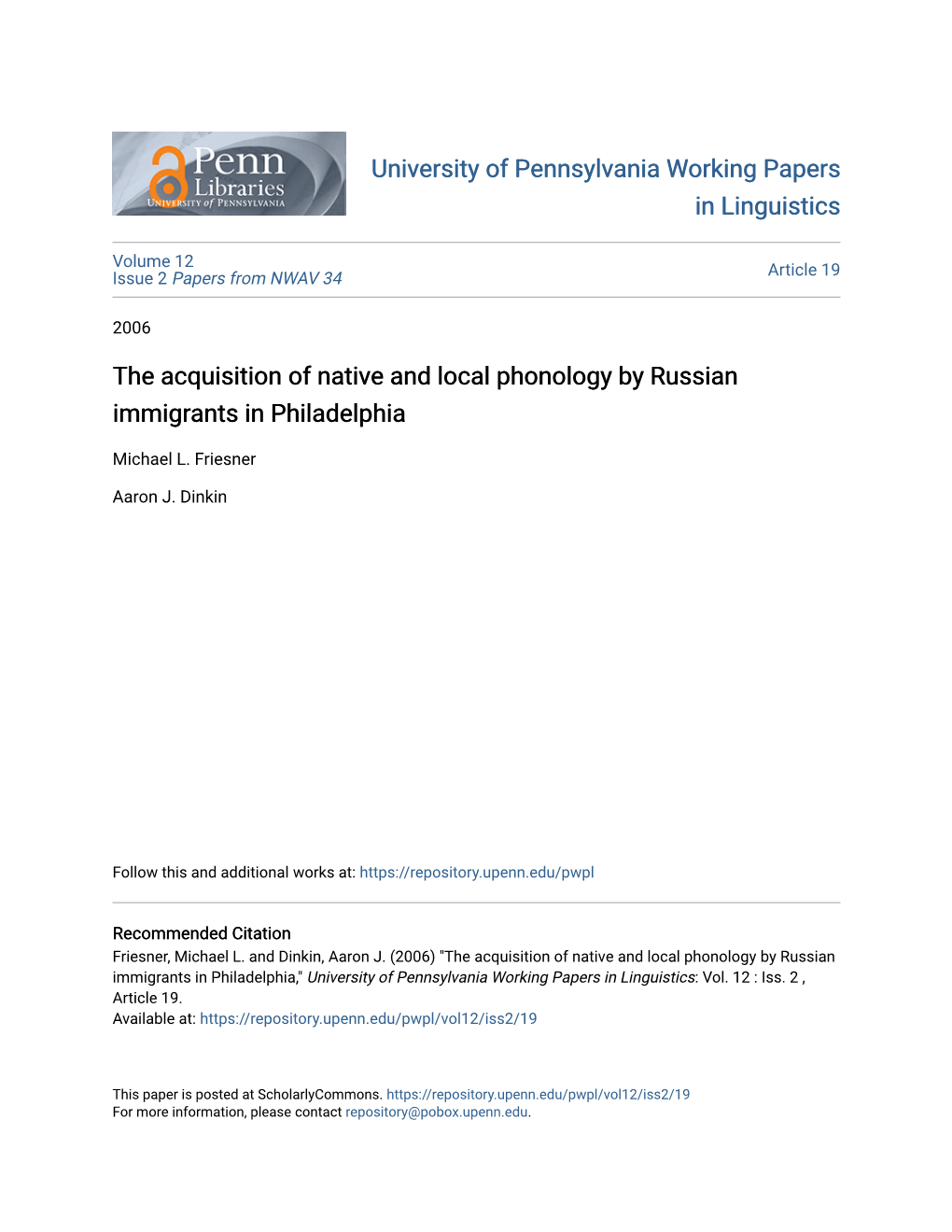 The Acquisition of Native and Local Phonology by Russian Immigrants in Philadelphia
