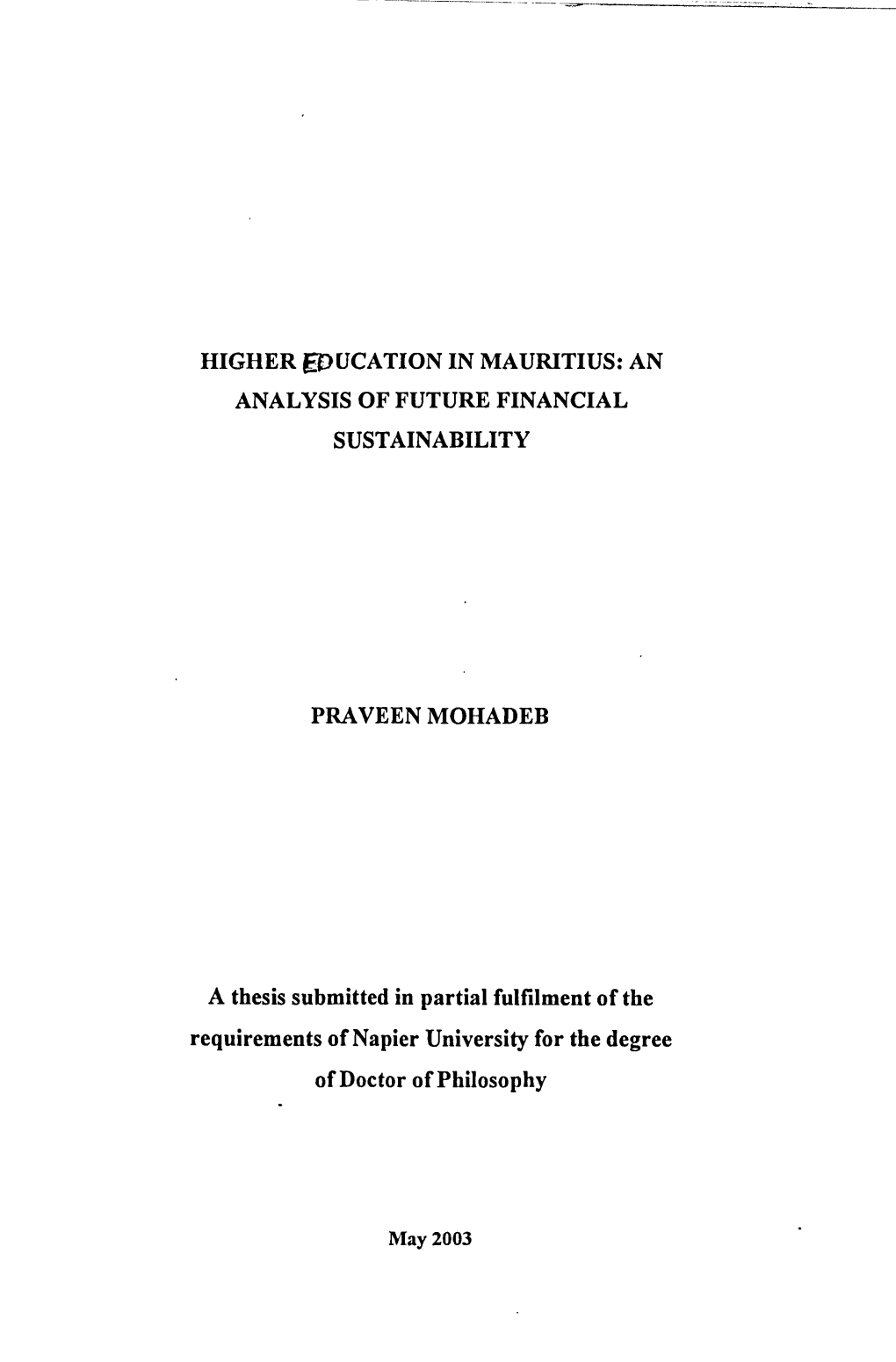 Higher Education in Mauritius: an Analysis of Future Financial Sustainability