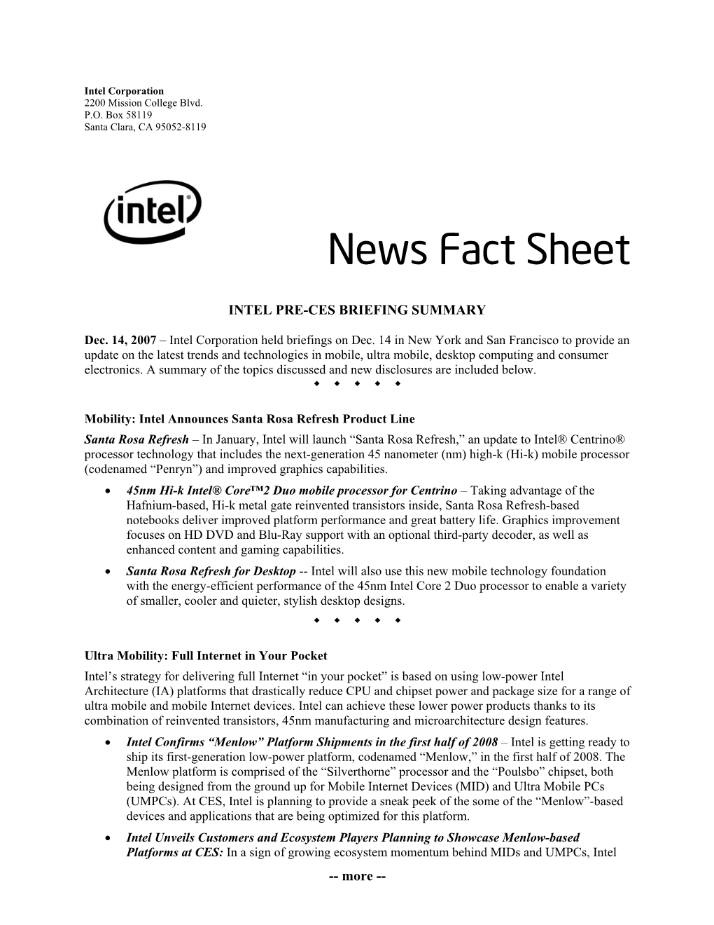 Intel Pre-Ces Briefing Summary