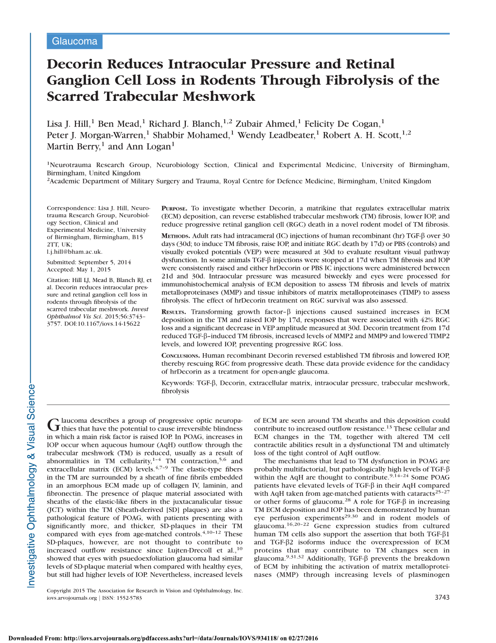 Decorin Reduces Intraocular Pressure and Retinal Ganglion Cell Loss in Rodents Through Fibrolysis of the Scarred Trabecular Meshwork