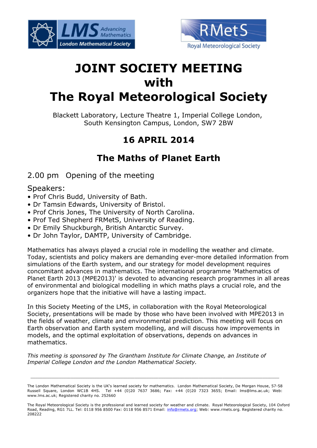 16 APRIL 2014 the Maths of Planet Earth