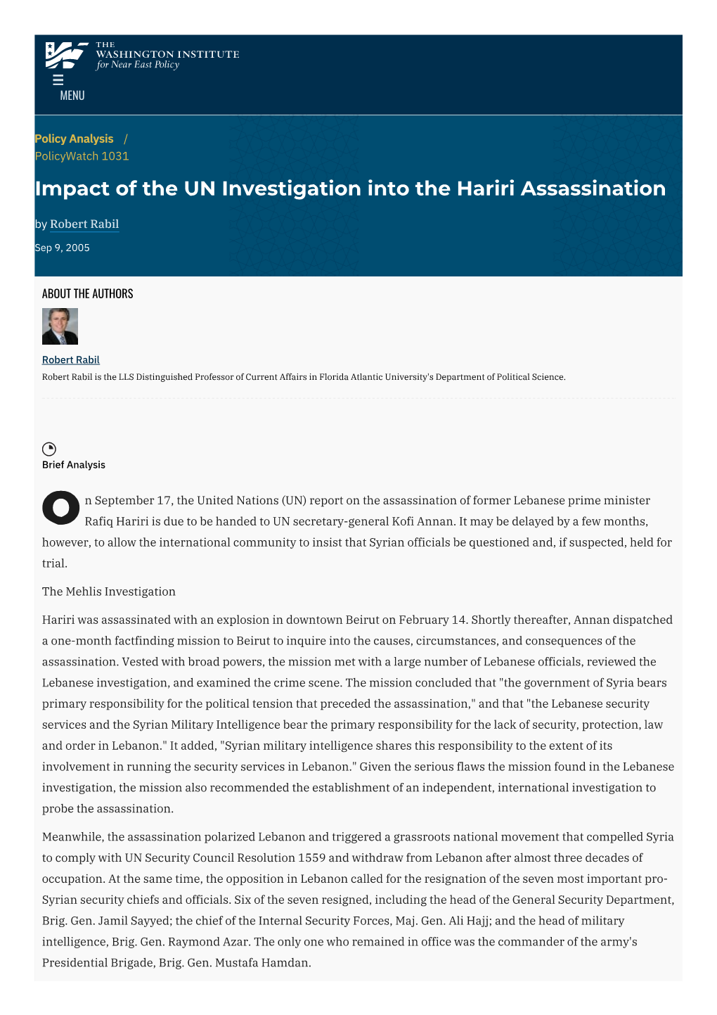 Impact of the UN Investigation Into the Hariri Assassination | the Washington Institute