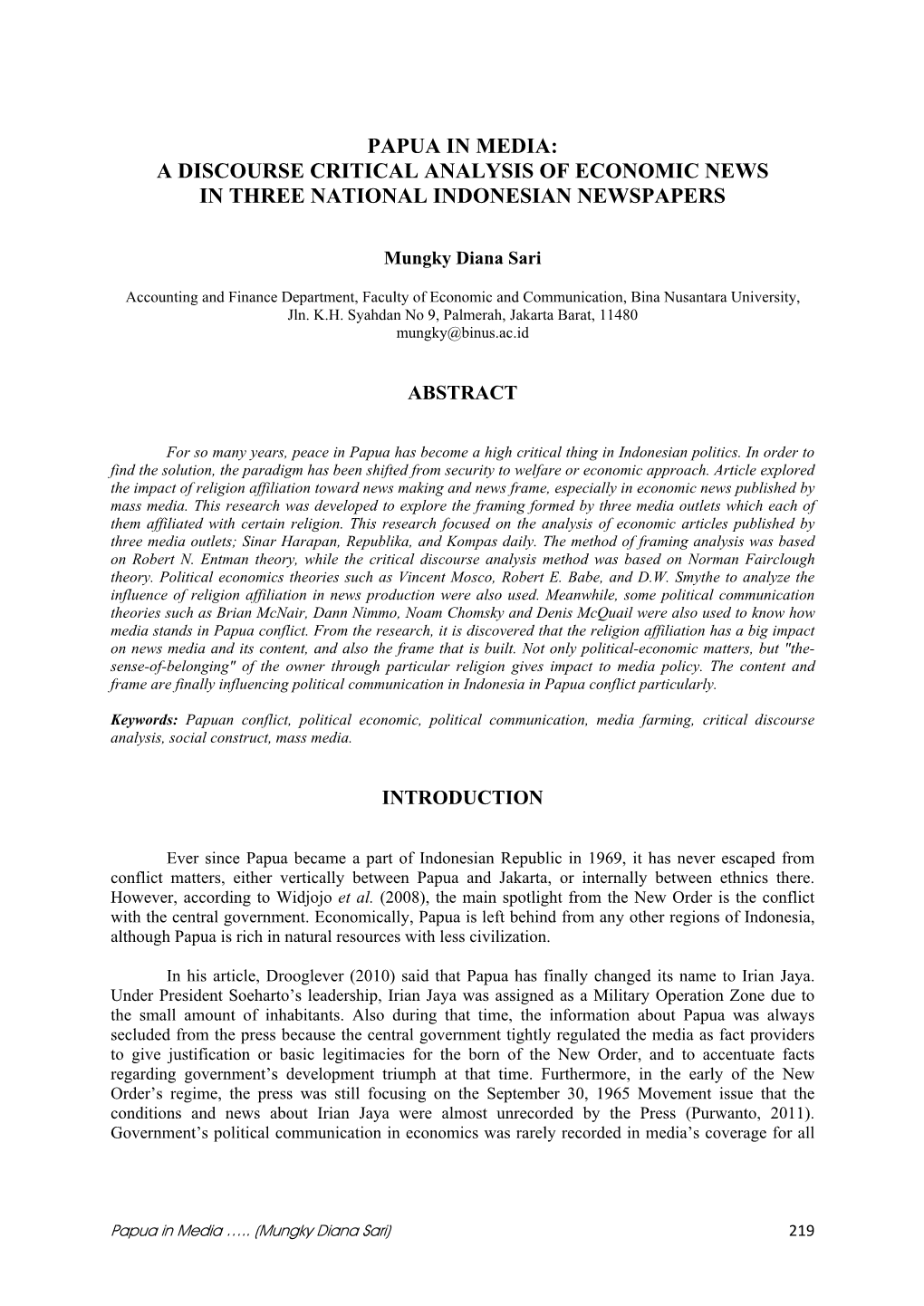 Papua in Media: a Discourse Critical Analysis of Economic News in Three National Indonesian Newspapers