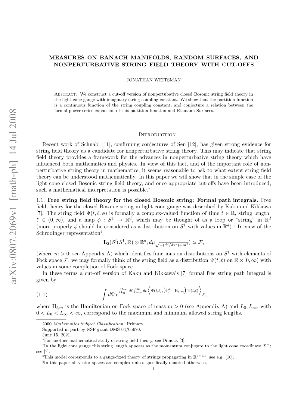 Measures on Banach Manifolds, Random Surfaces, and Nonperturbative String Field Theory with Cut-Offs