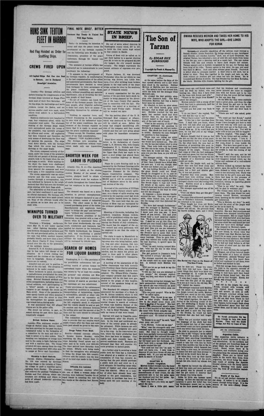 Tarzan Government of the German Republic to Build Tho First Union High School a Expedition Off African Coast Red Flag Hoisted As Order Fo in That County in Bunks