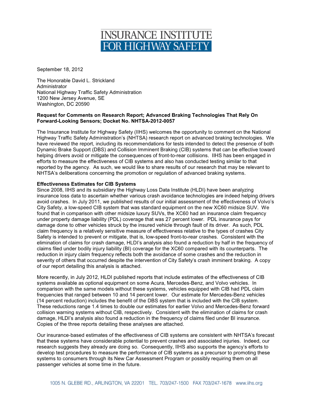 IIHS Comment to NHTSA Concerning Advance Braking Technologies