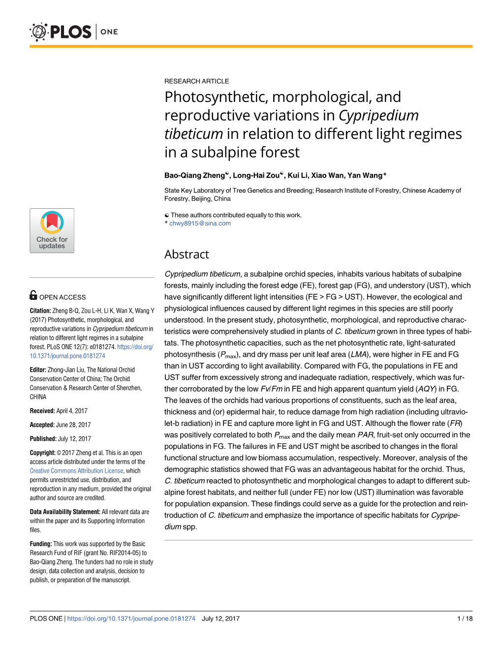 Photosynthetic, Morphological, and Reproductive Variations in Cypripedium Tibeticum in Relation to Different Light Regimes in a Subalpine Forest