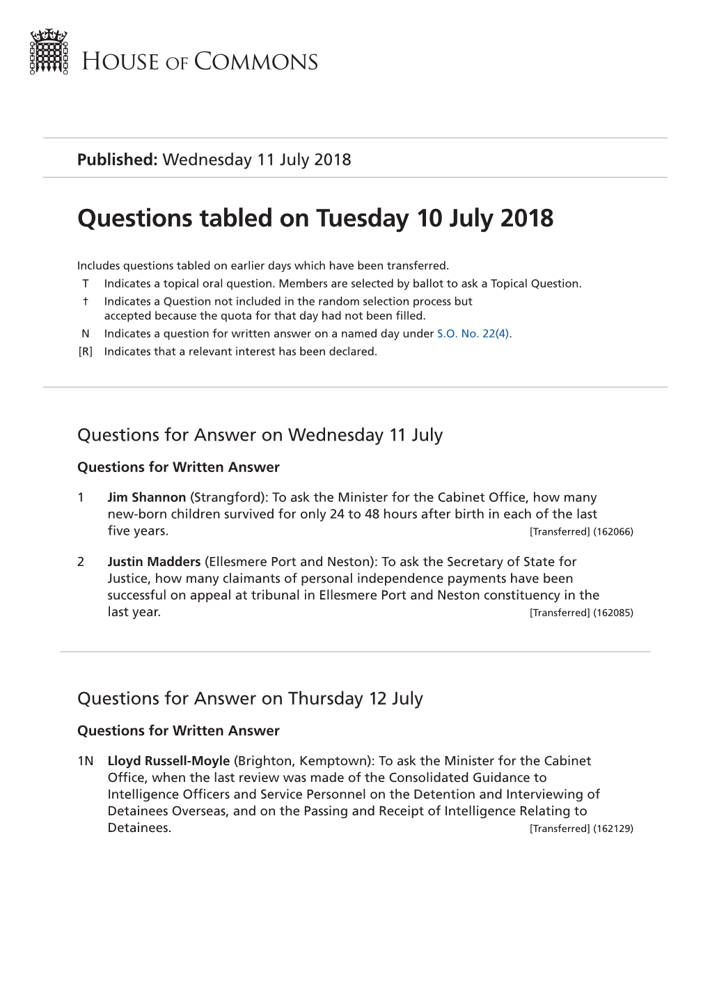 Questions Tabled on Tue 10 Jul 2018