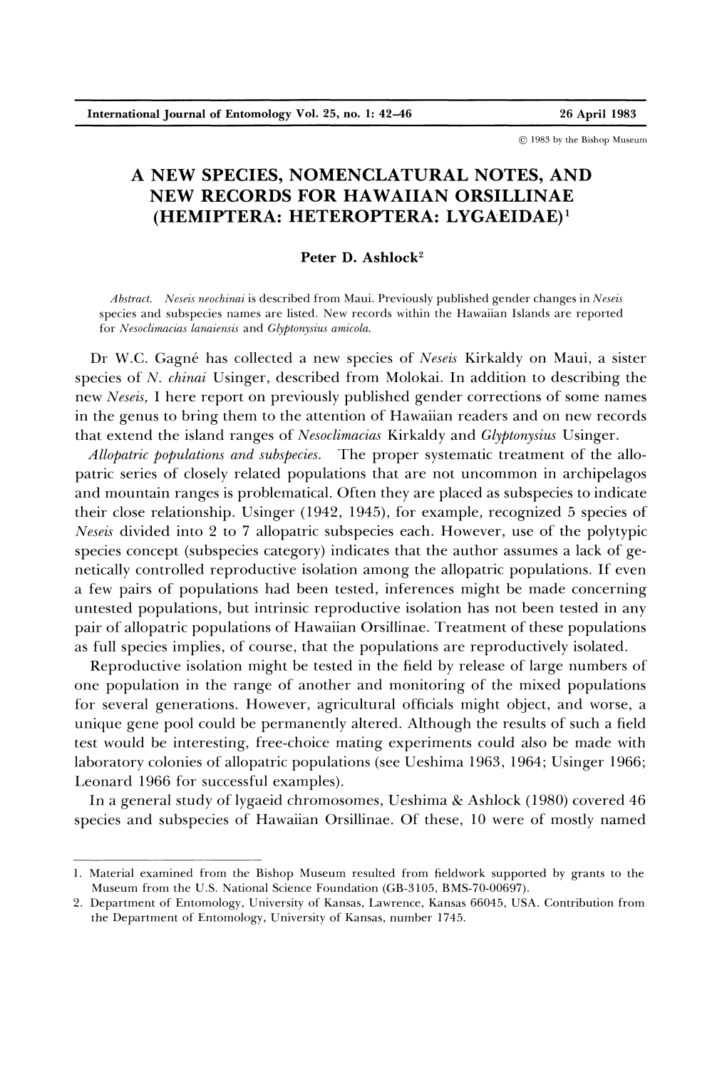 A New Species, Nomenclatural Notes, and New Records for Hawaiian Orsillinae (Hemiptera: Heteroptera: Lygaeidae)1