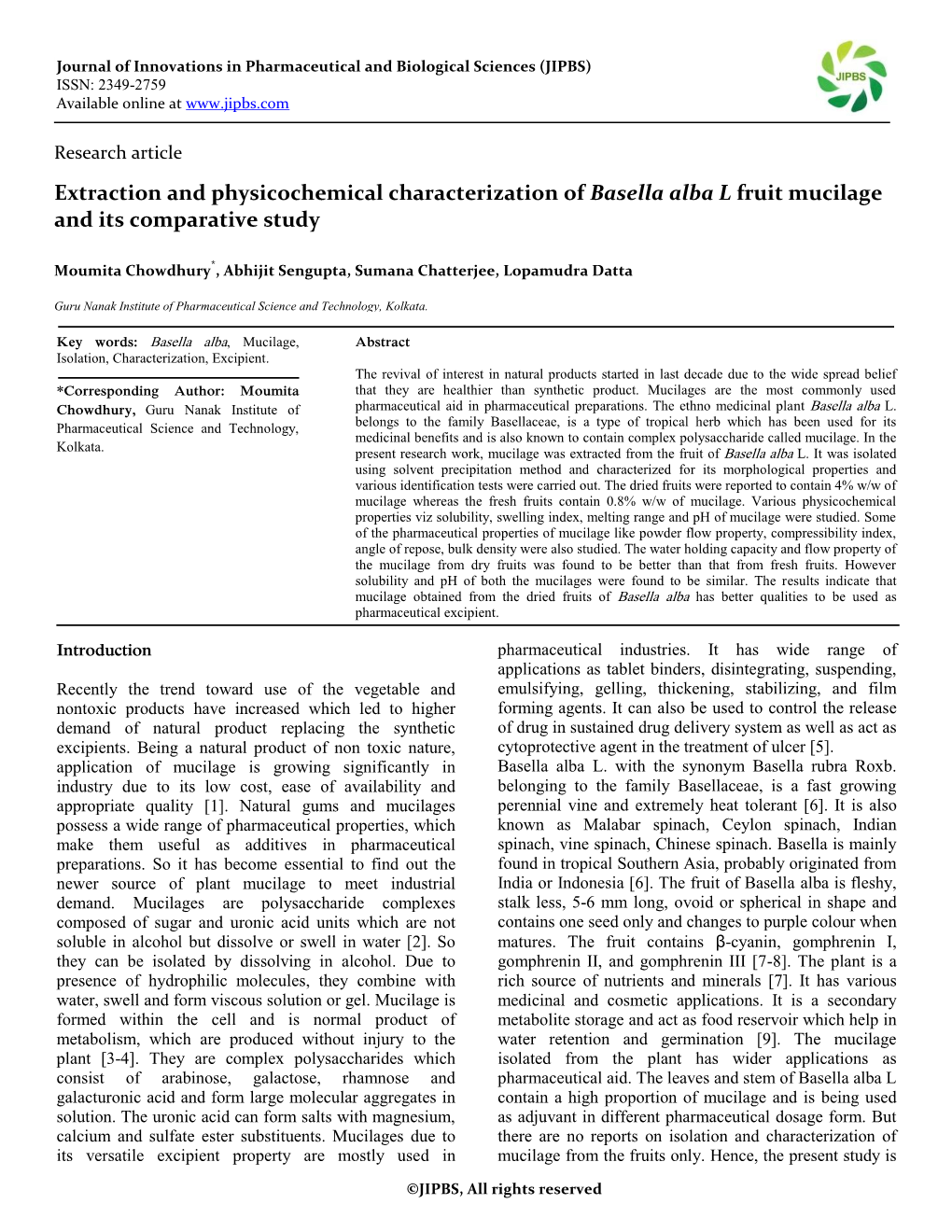 Extraction and Physicochemical Characterization of Basella Alba L Fruit Mucilage and Its Comparative Study