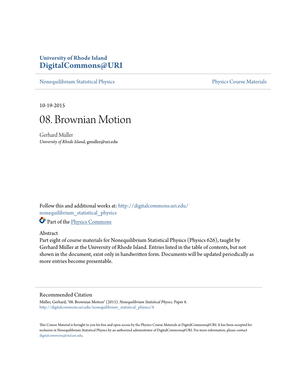 08. Brownian Motion Gerhard Müller University of Rhode Island, Gmuller@Uri.Edu