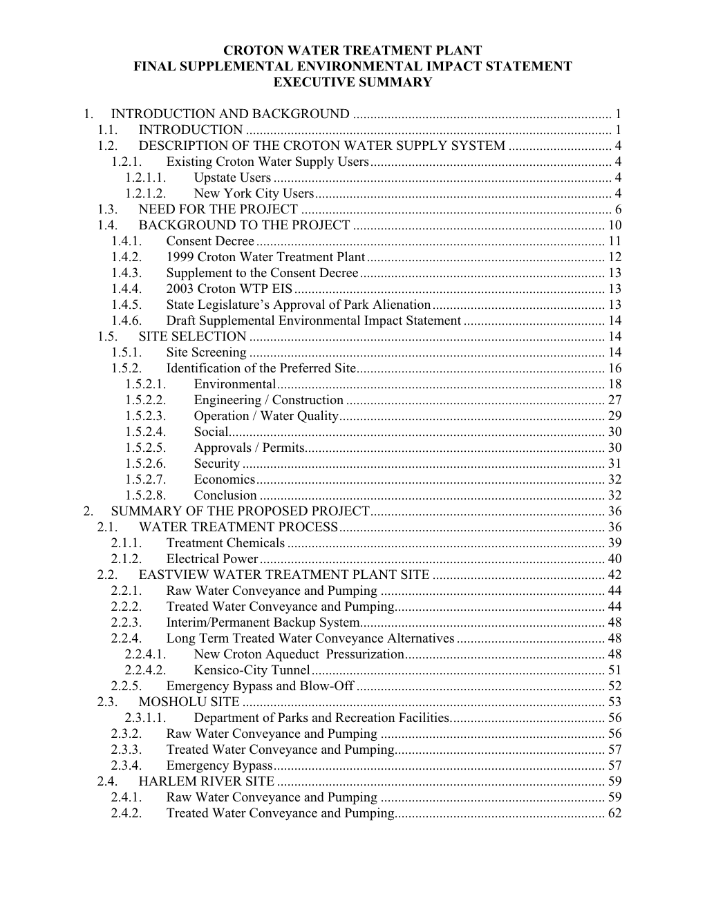 Croton Water Treatment Plant Final Supplemental Environmental Impact Statement Executive Summary 1. Introduction and Background