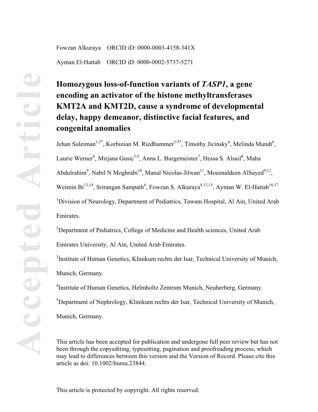 Homozygous Loss-Of-Function Variants of TASP1, a Gene Encoding An