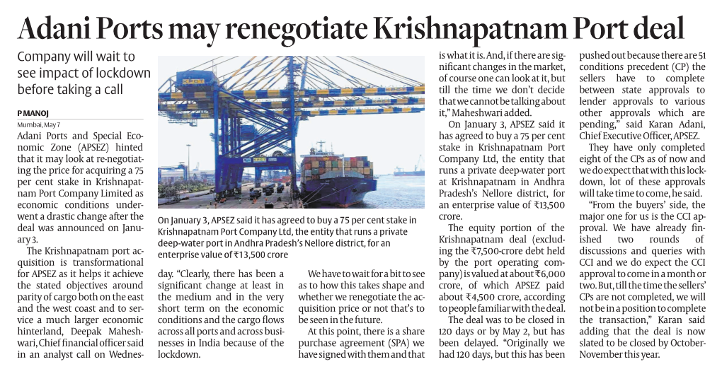 Adani Ports May Renegotiate Krishnapatnam Port Deal Company Will Wait to Is What It Is