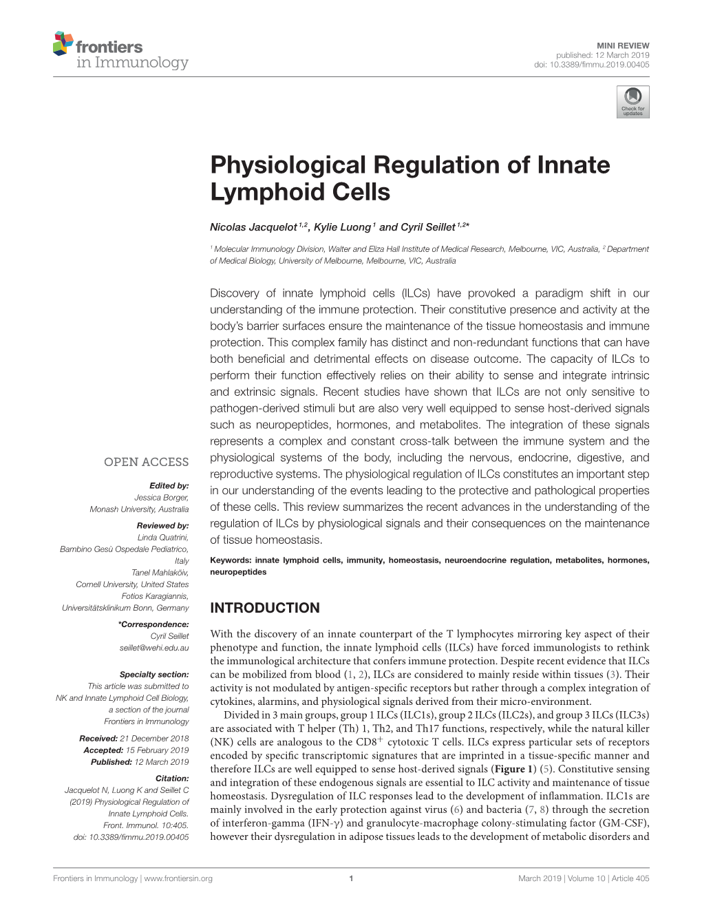 Physiological Regulation of Innate Lymphoid Cells