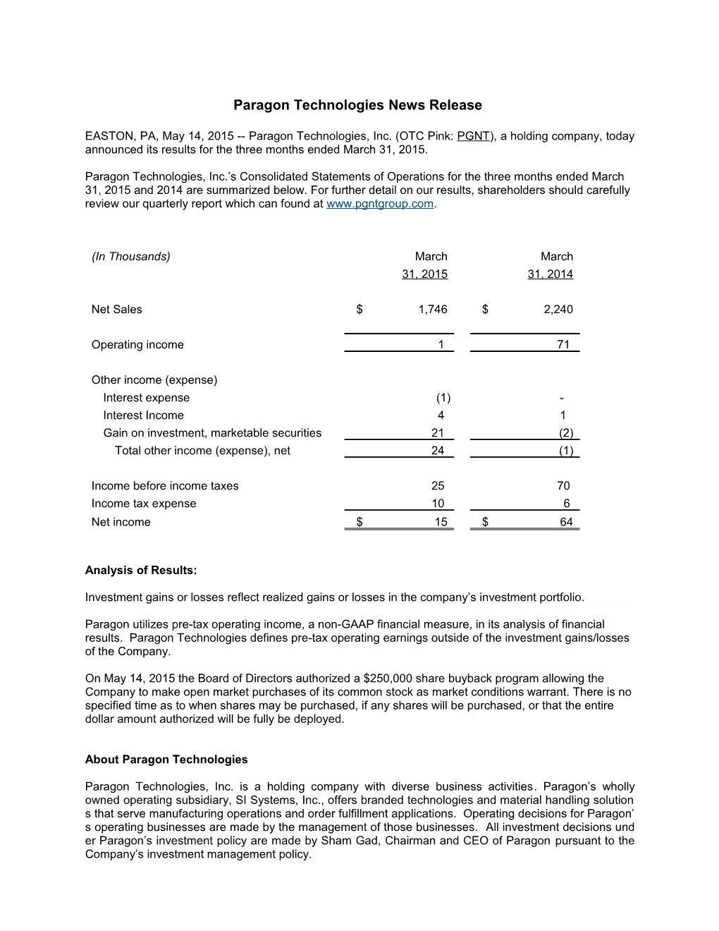 Paragon Technologies News Release