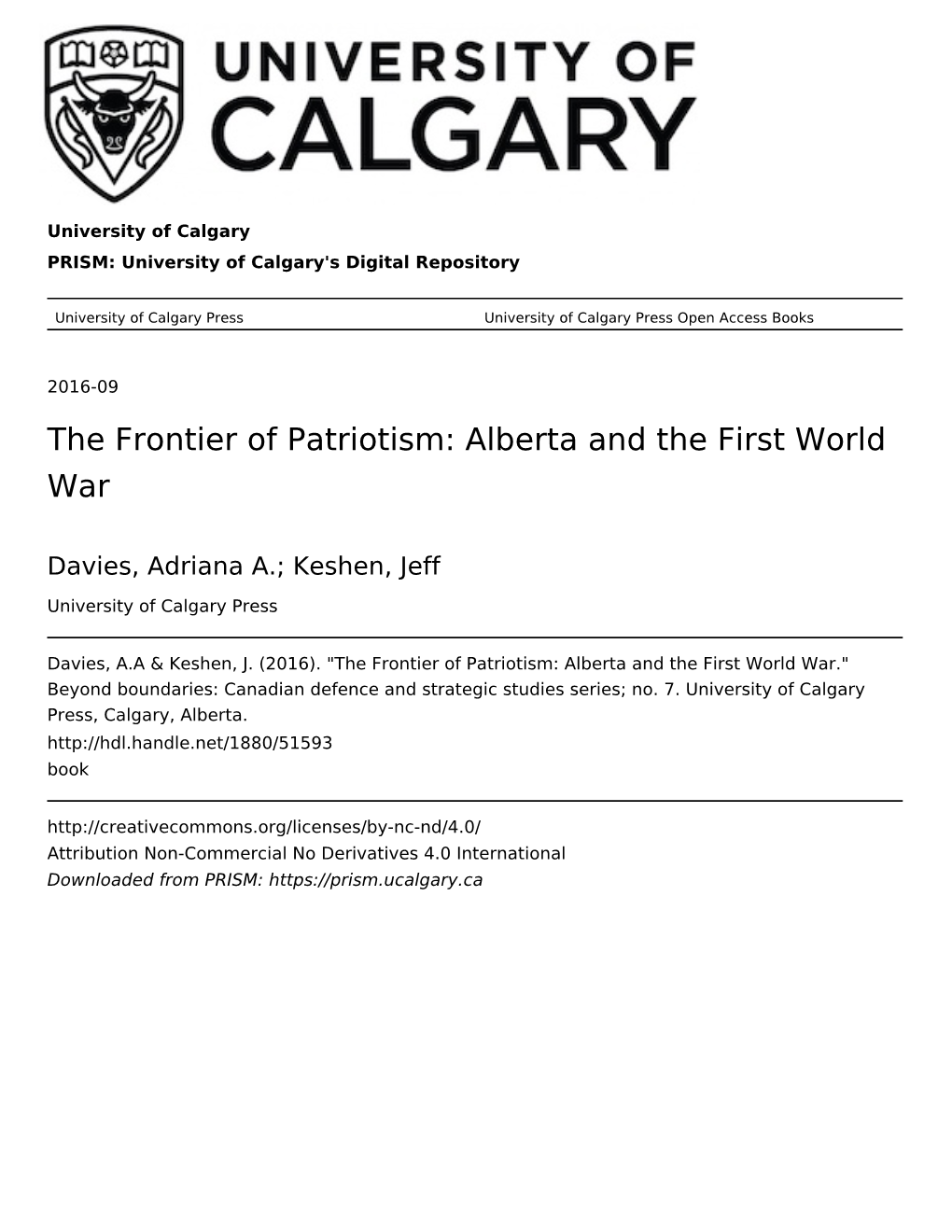 The Frontier of Patriotism: Alberta and the First World War