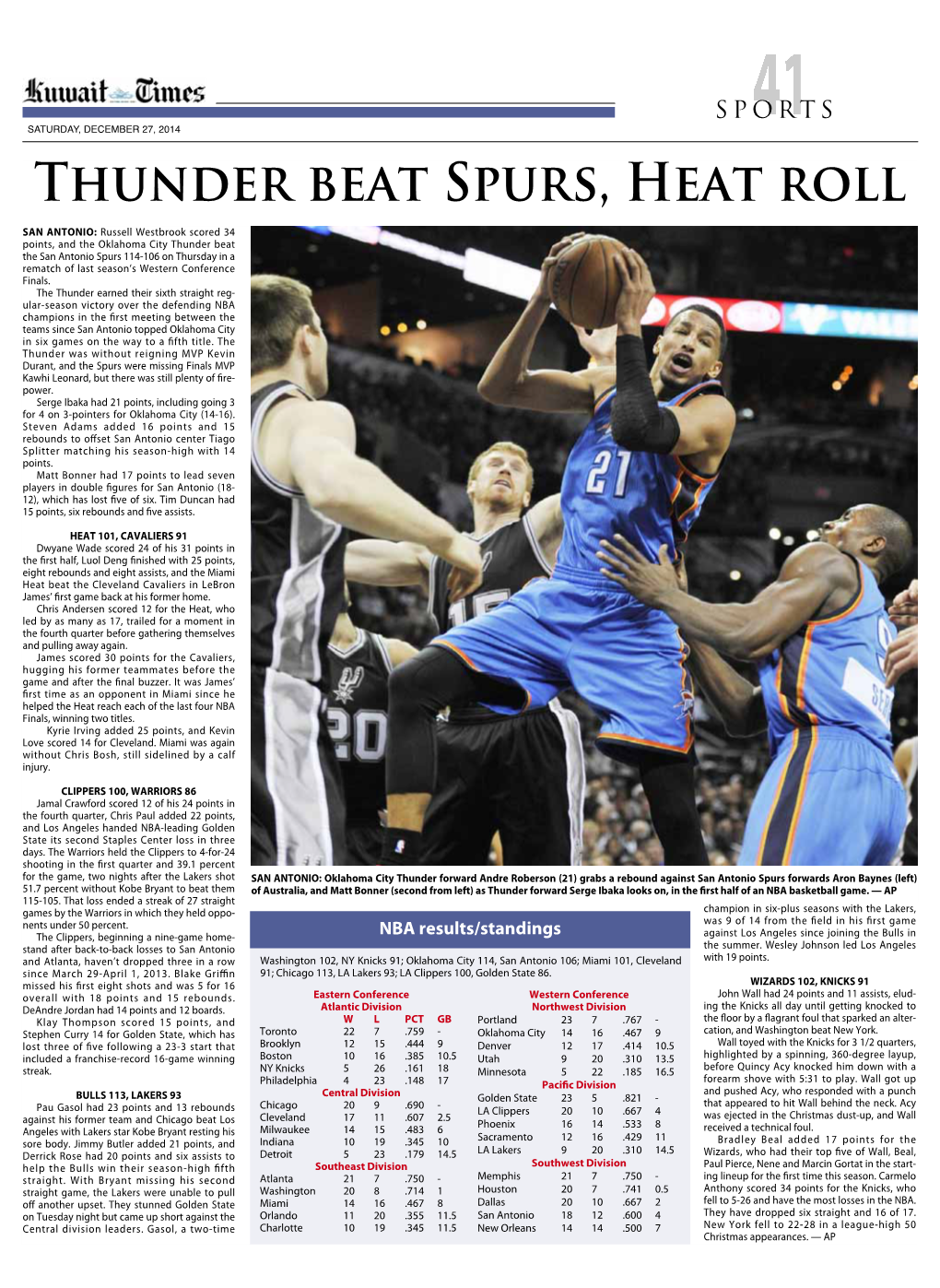 Thunder Beat Spurs, Heat Roll