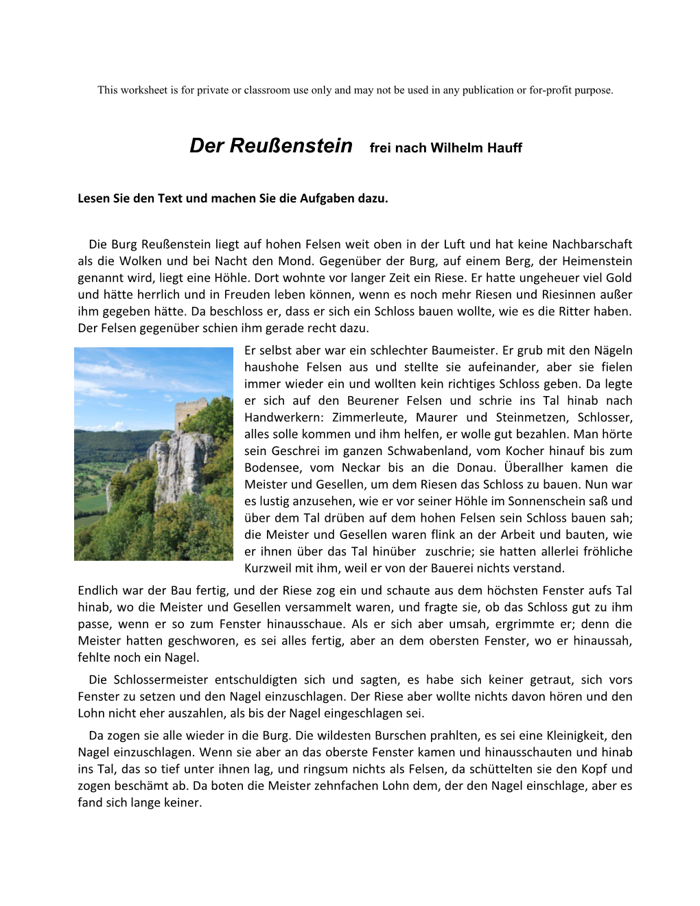 Der Reußenstein Frei Nach Wilhelm Hauff