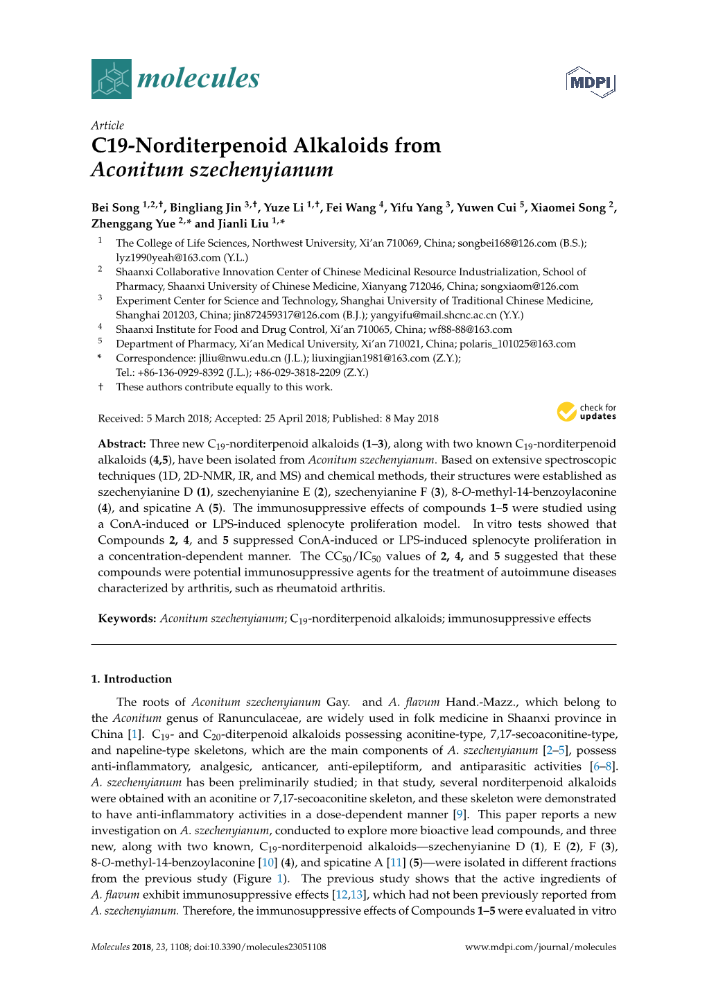 C19-Norditerpenoid Alkaloids from Aconitum Szechenyianum