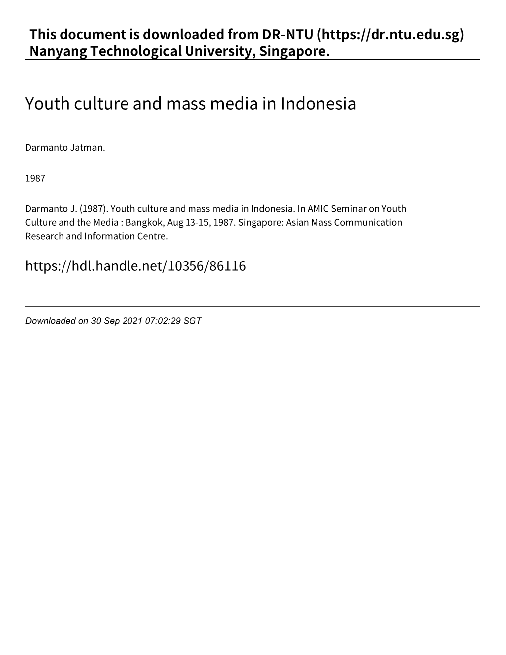 Youth Culture and Mass Media in Indonesia