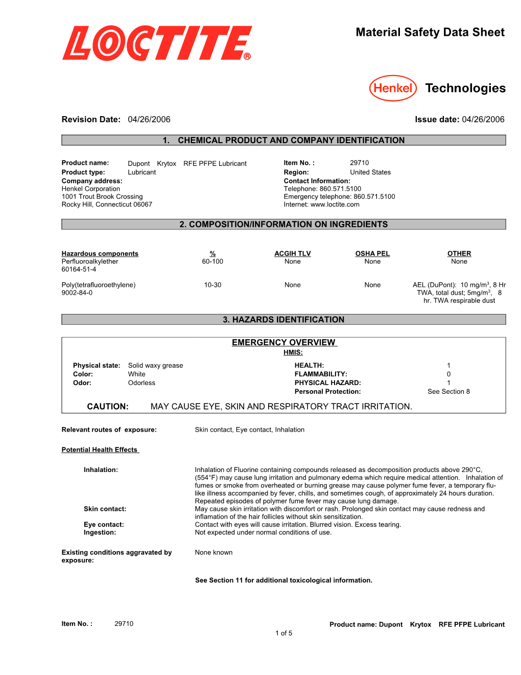 Material Safety Data Sheet