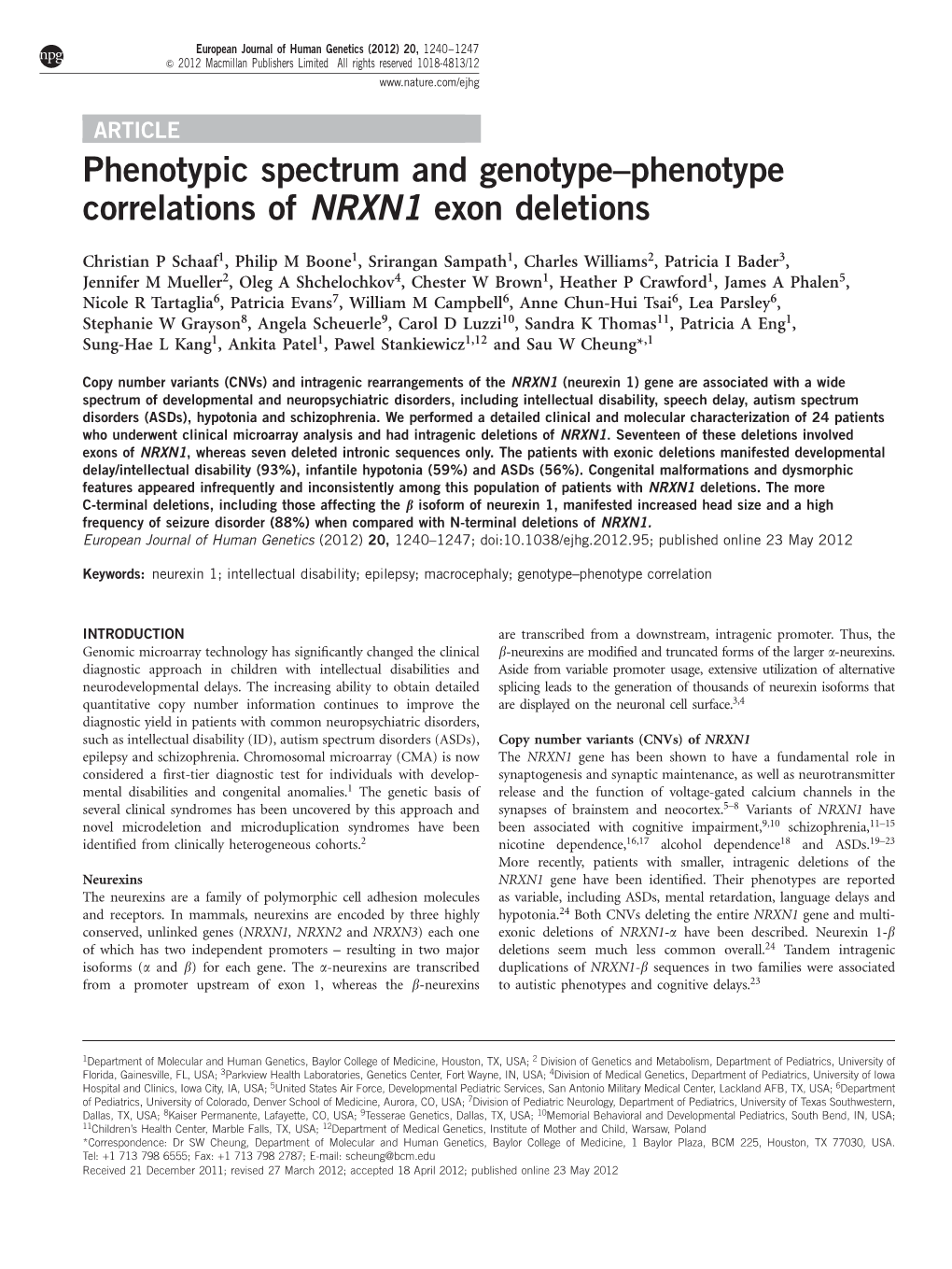 Phenotype Correlations of NRXN1 Exon Deletions