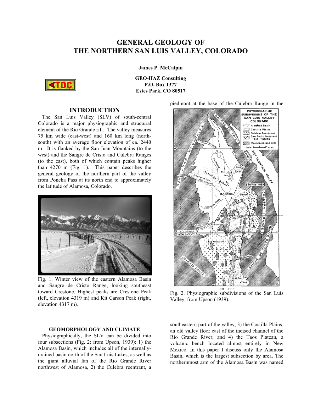 General Geology of the Northern San Luis Valley, Colorado