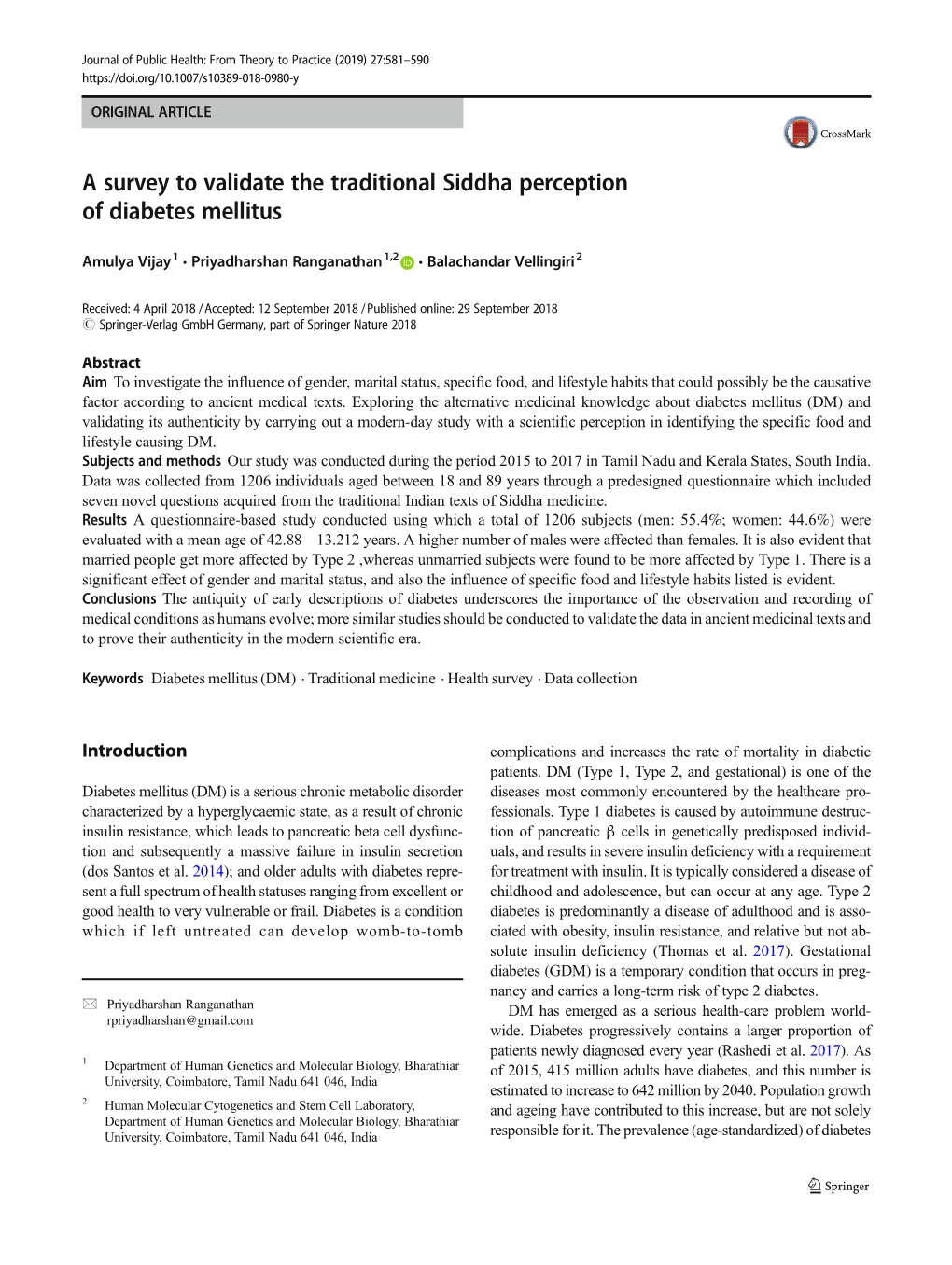 A Survey to Validate the Traditional Siddha Perception of Diabetes Mellitus