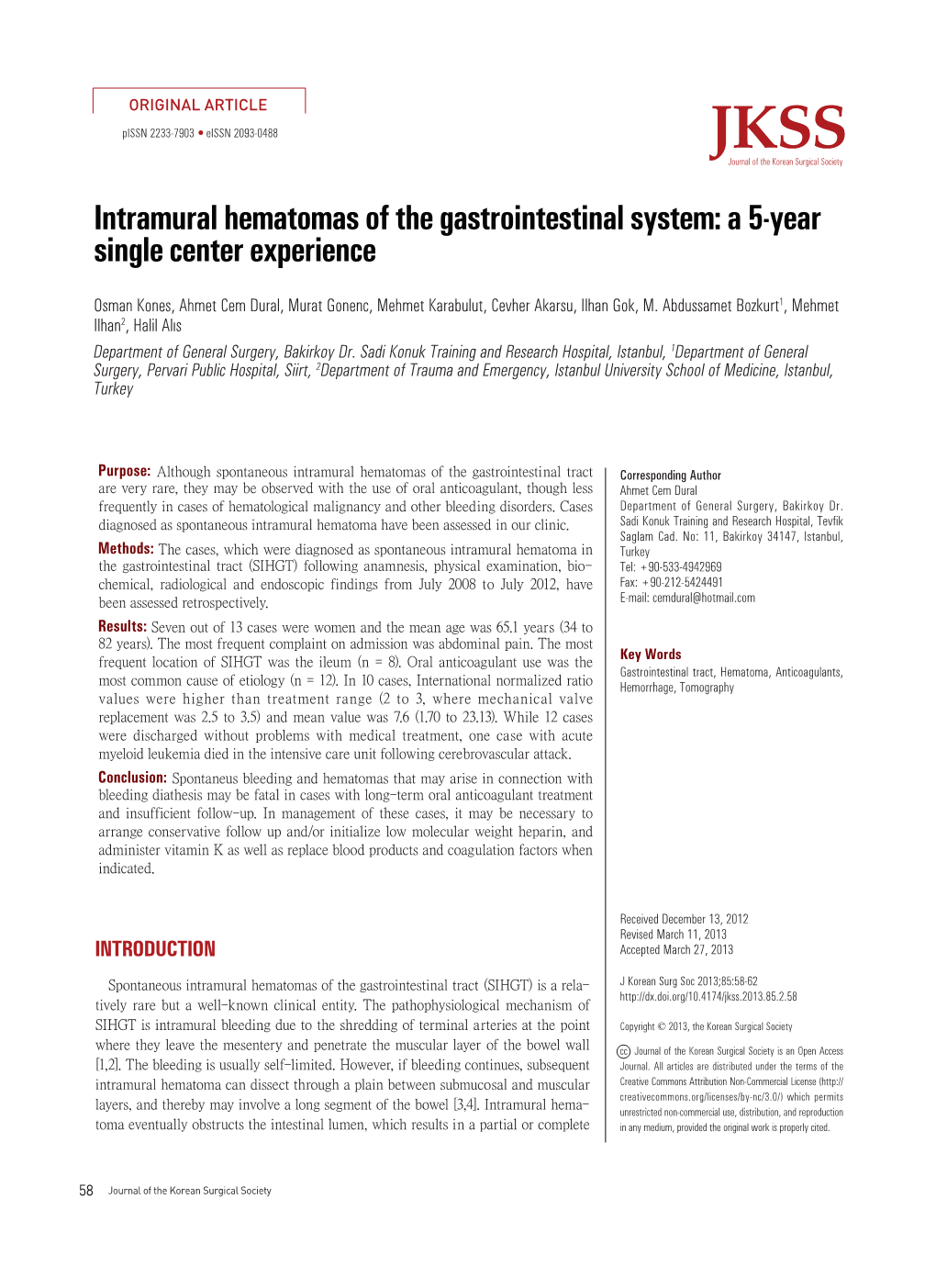 Intramural Hematomas of the Gastrointestinal System: a 5-Year Single Center Experience