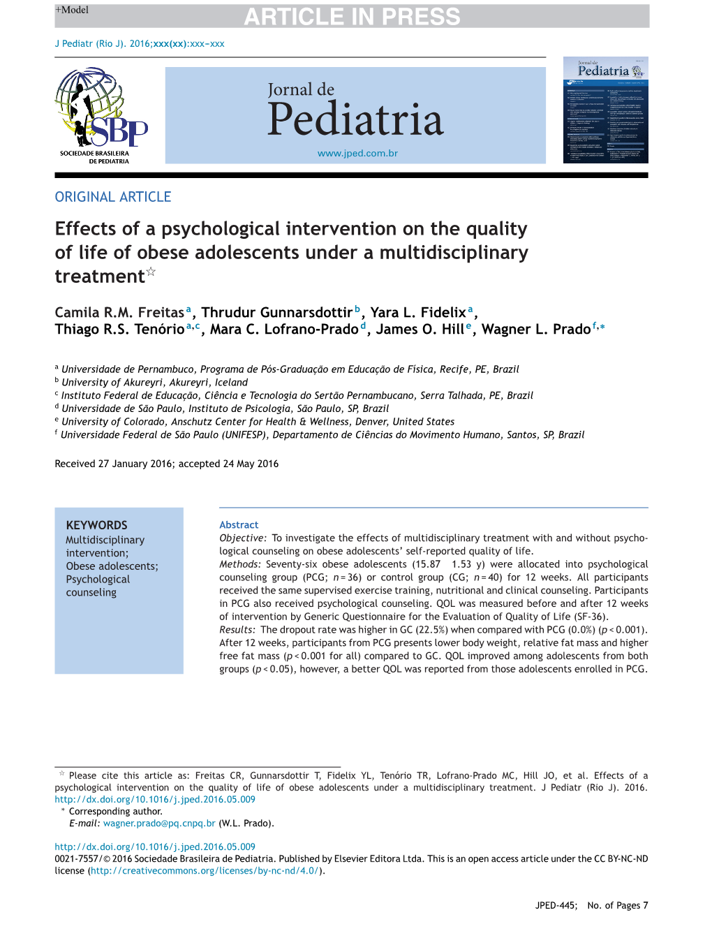 Effects of a Psychological Intervention on the Quality of Life of Obese Adolescents Under a Multidisciplinary Treatment