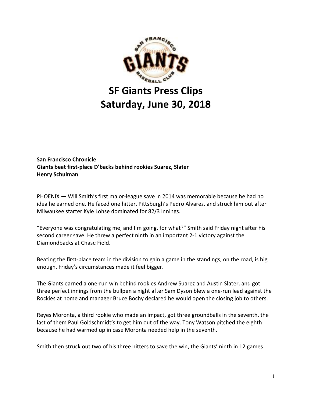 SF Giants Press Clips Saturday, June 30, 2018