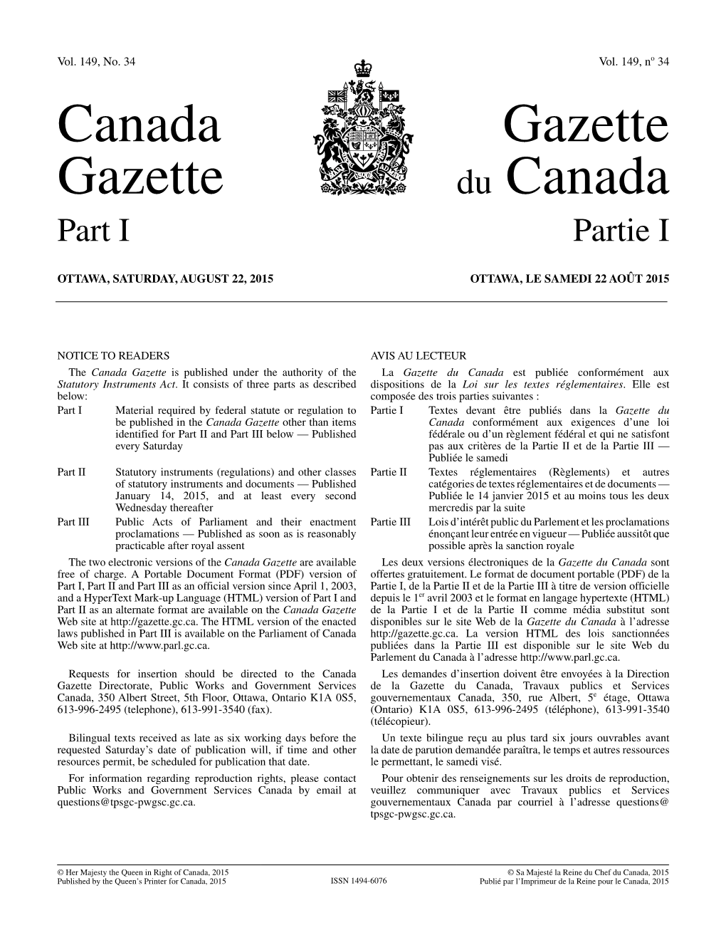 Canada Gazette, Part I, Vol