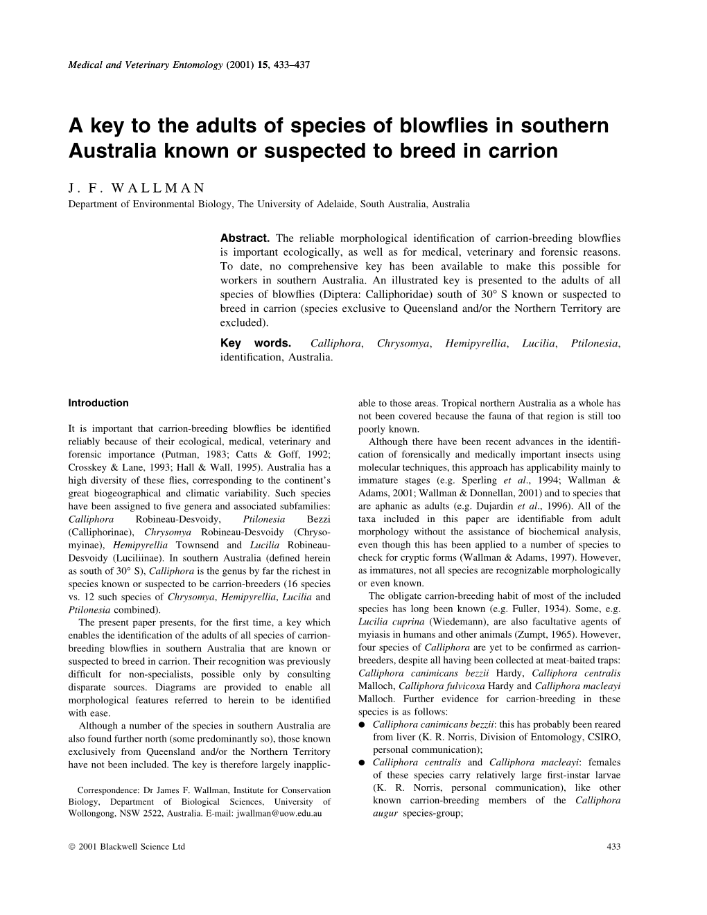 A Key to the Adults of Species of Blowflies in Southern Australia