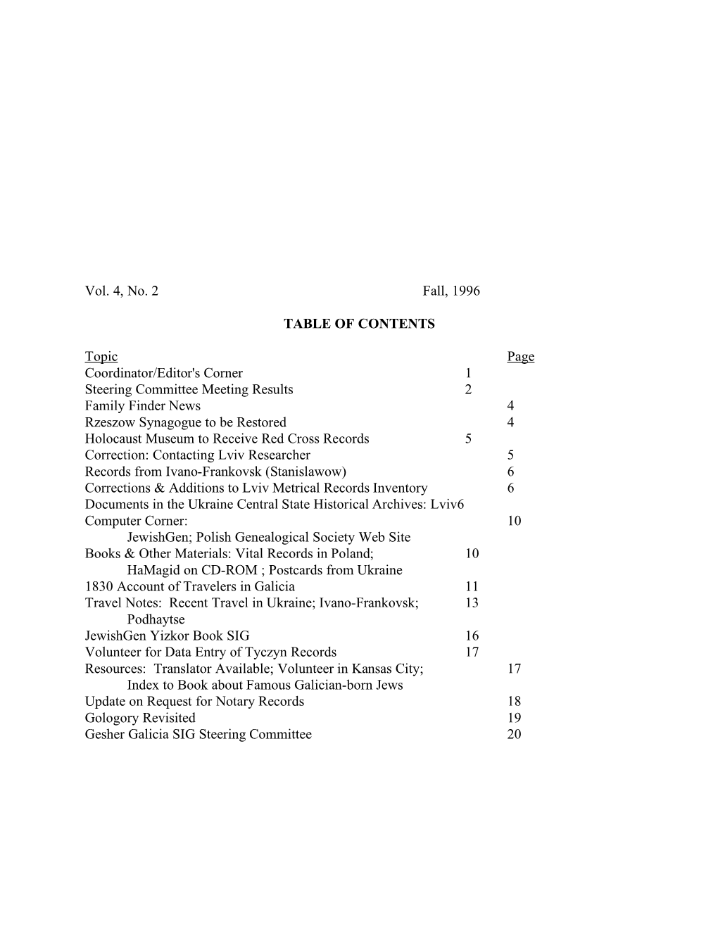 Vol. 4, No. 2 Fall, 1996 TABLE of CONTENTS