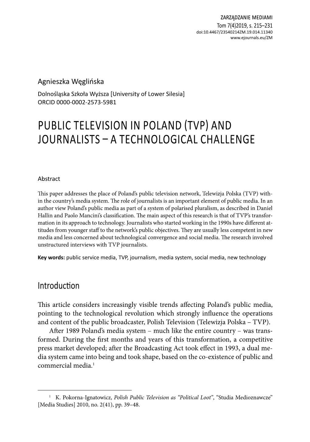 Public Television in Poland (TVP) and Journalists: a Technological Challenge