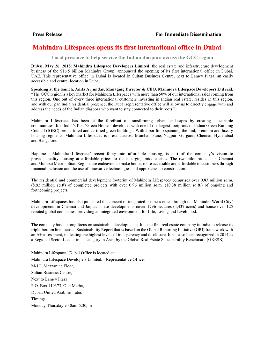 Mahindra Lifespaces Opens Its First International Office in Dubai