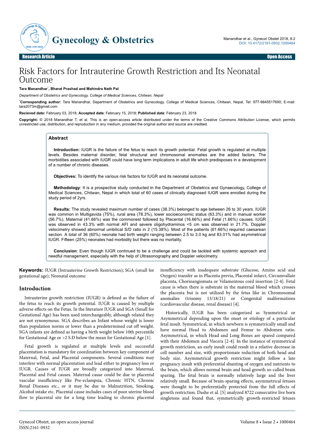 Risk Factors for Intrauterine Growth Restriction and Its Neonatal Outcome